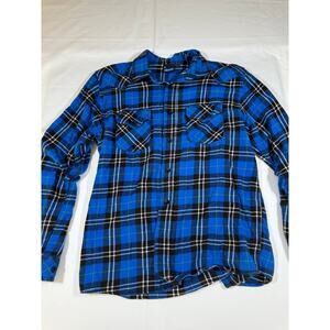 KAVU Men’s Flannel Shirt M Blue Black Plaid Button Front Long Sleeve Cotton